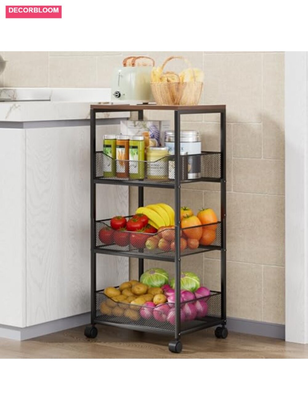 4-Tier Rolling Storage Cart Wood Top Mesh Baskets Kitchen Organizer